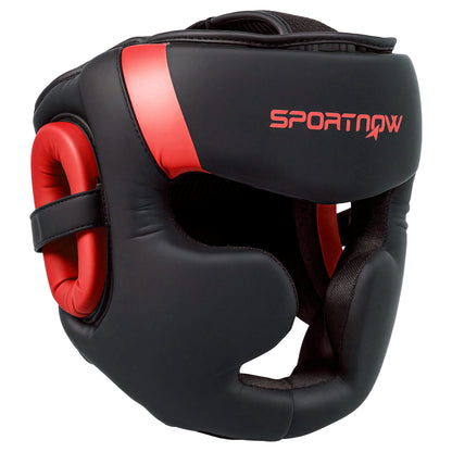 Kask bokserski SPORTNOW z regulowanym paskiem zapewniający pełną ochronę twarzy do kickboxingu, sparingów, sztuk walki, karate, taekwondo, czerwony