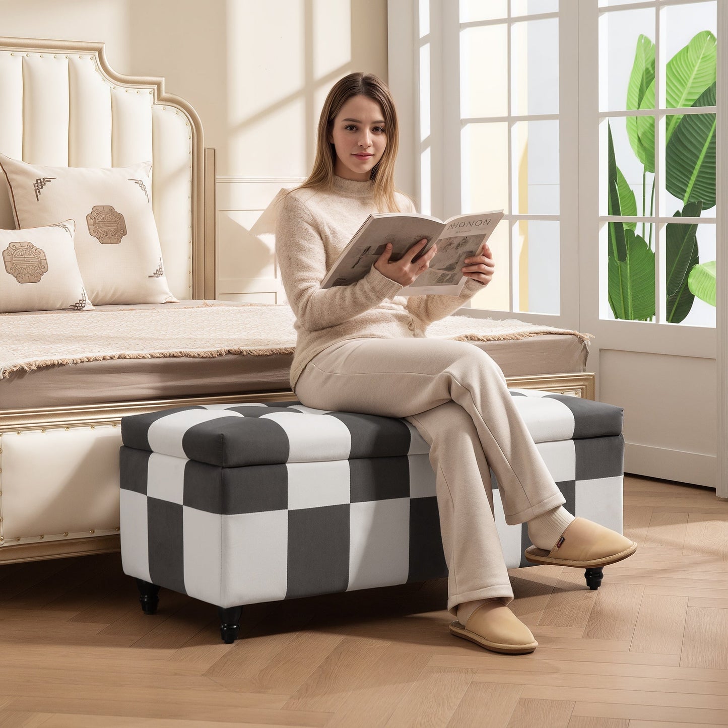 HOMCOM 114 x 47 x 47cm Velvet Storage Ottoman, Button-tufted Footstool Box, Toy Chest with Lid for Living Room, Bedroom, Dark Grey and White