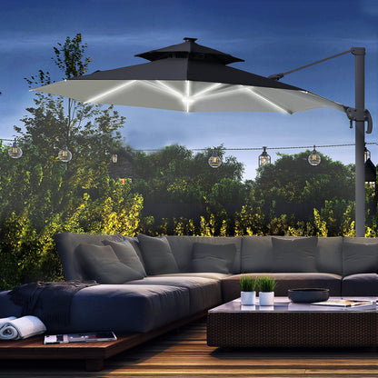 Outsunny 3m Cantilever Parasol w/ Solar Lights Power Bank Cross Base مظلة قابلة للتعديل 360 درجة تدور في الهواء الطلق مظلة حديقة 2-Tier Roof Sun Shade Gray