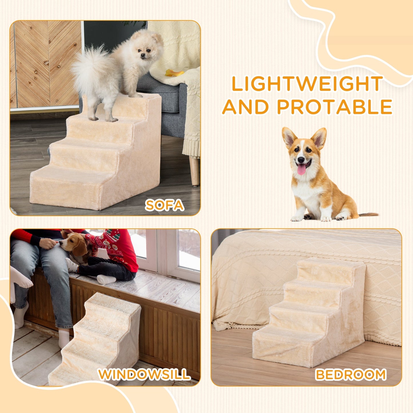 PawHut Doggy Steps 4-Steps Design with Washable Plush Cover for High Bed Sofa, Dog Stairs for Small Dog and Cat