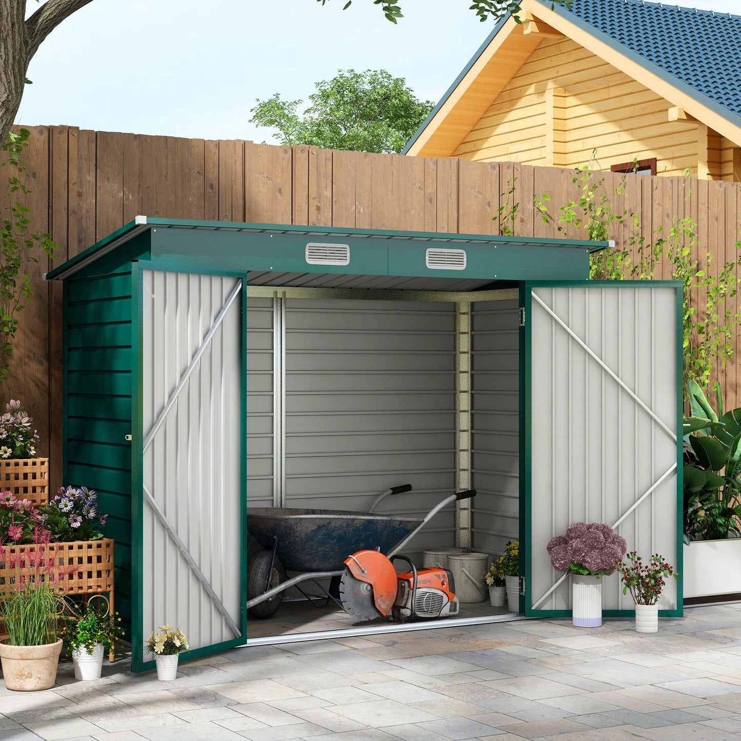 Outsunny 8 x 4FT Galvanised Garden Storage Shed, Metal Outdoor Shed with Double Doors and 2 Vents, Green