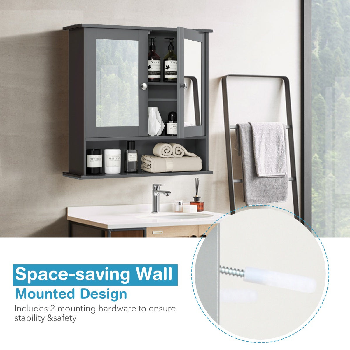 Wooden Hanging Medicine Organizer with Mirror and Adjustable Shelf-Grey