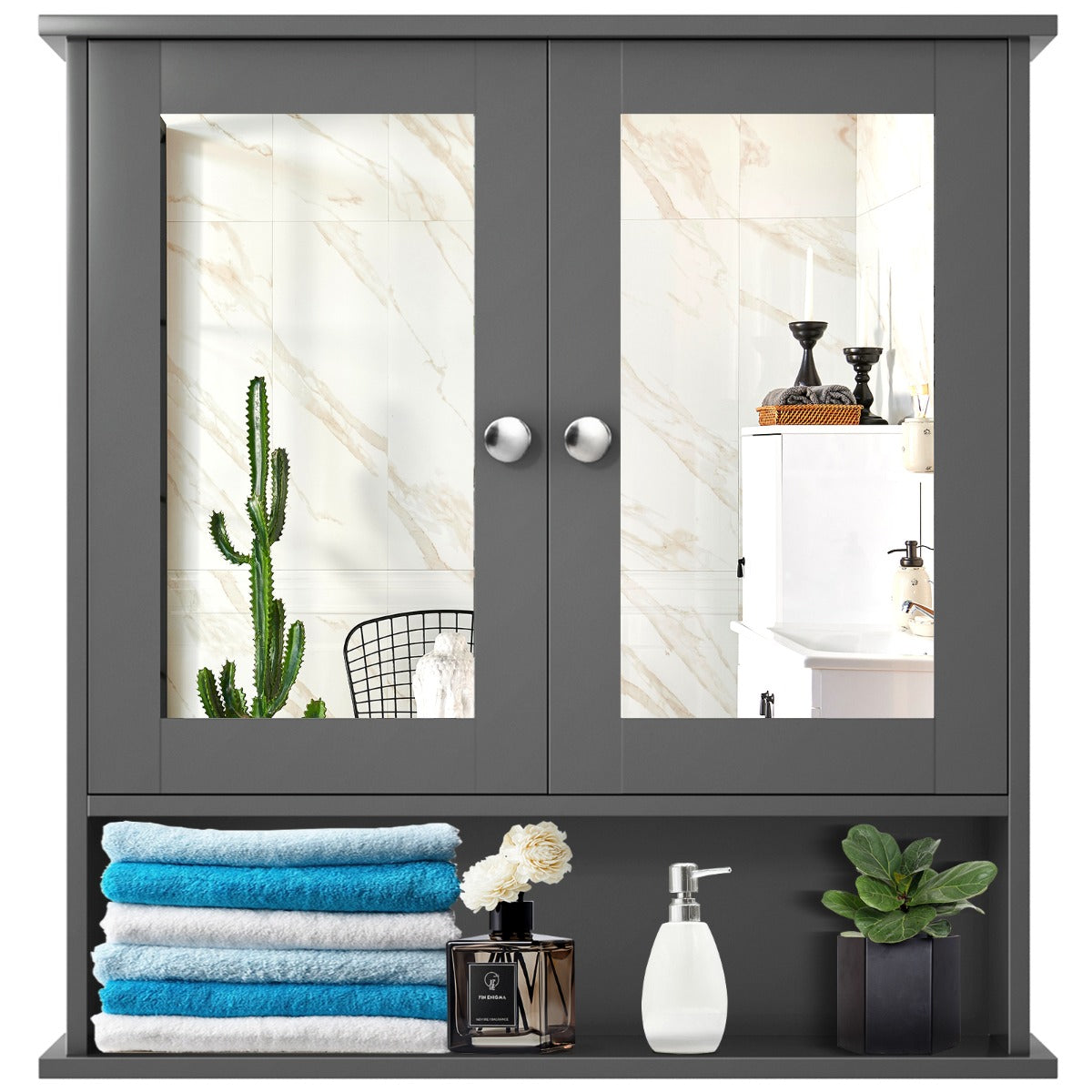 Wooden Hanging Medicine Organizer with Mirror and Adjustable Shelf-Grey