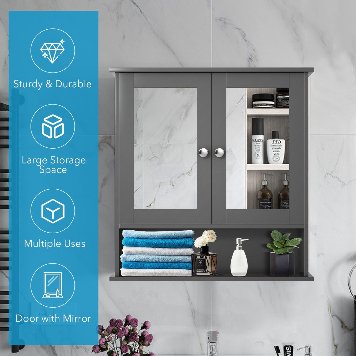 Wooden Hanging Medicine Organizer with Mirror and Adjustable Shelf-Grey