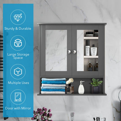 Wooden Hanging Medicine Organizer with Mirror and Adjustable Shelf-Grey