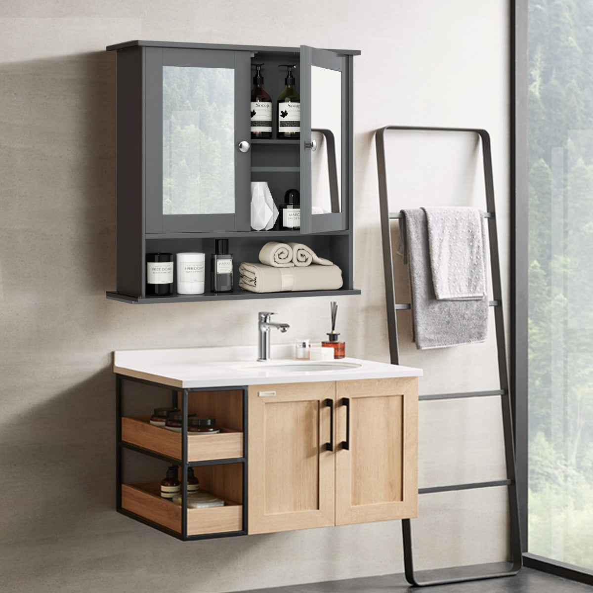 Wooden Hanging Medicine Organizer with Mirror and Adjustable Shelf-Grey