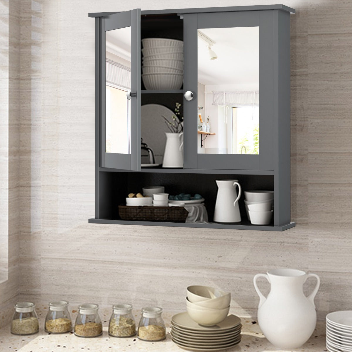 Wooden Hanging Medicine Organizer with Mirror and Adjustable Shelf-Grey