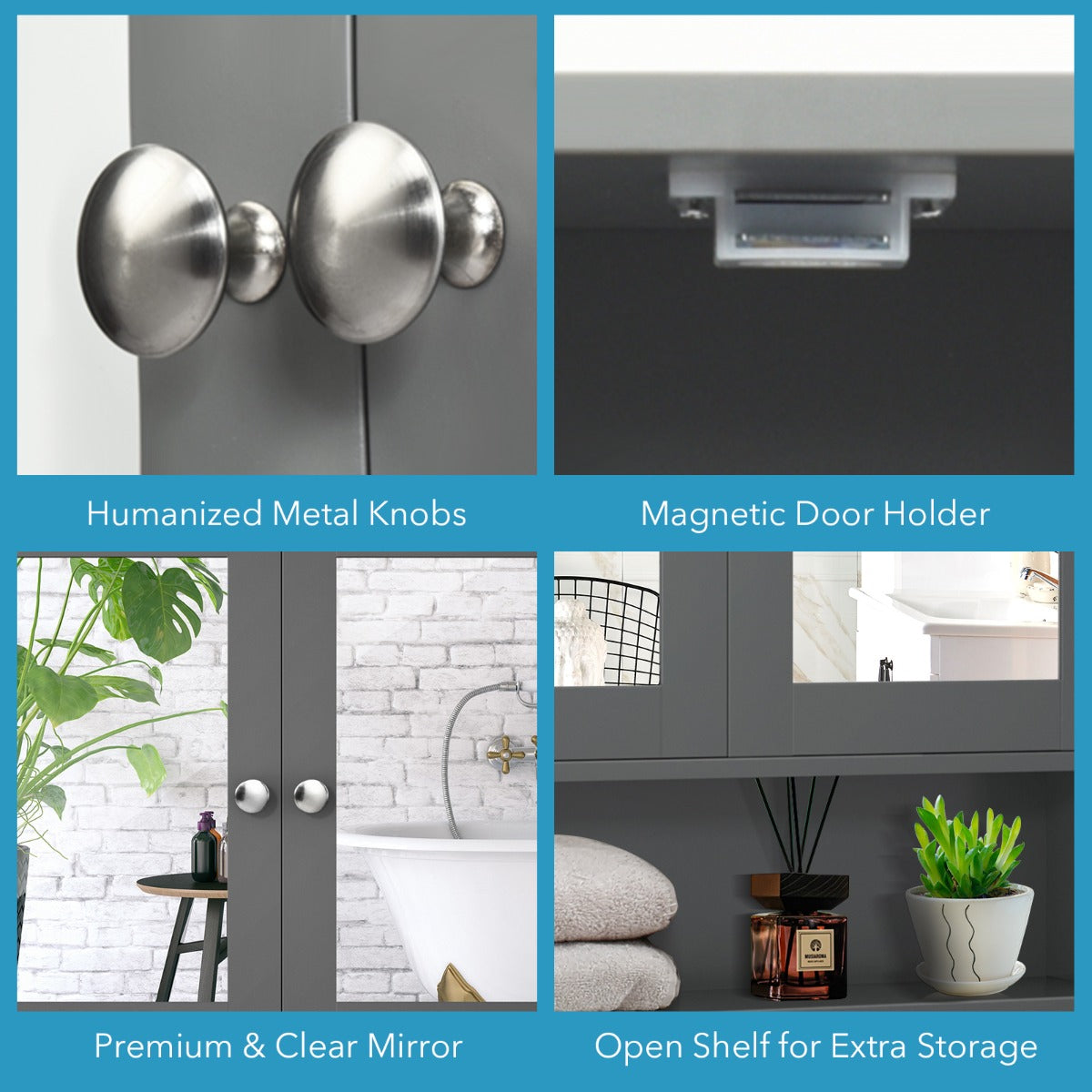 Wooden Hanging Medicine Organizer with Mirror and Adjustable Shelf-Grey