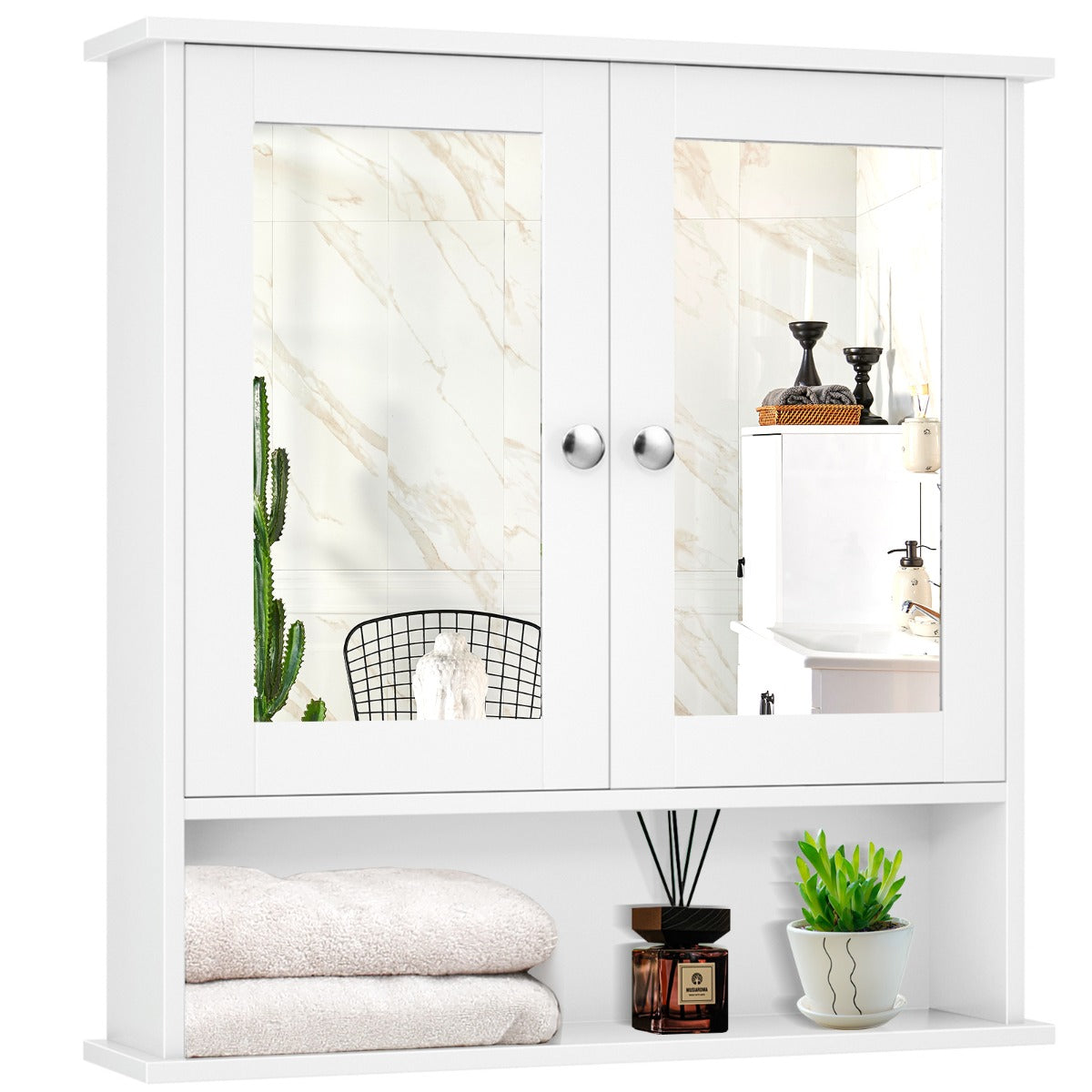 Wooden Hanging Medicine Organizer with Mirror and Adjustable Shelf-White