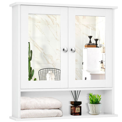 Wooden Hanging Medicine Organizer with Mirror and Adjustable Shelf-White