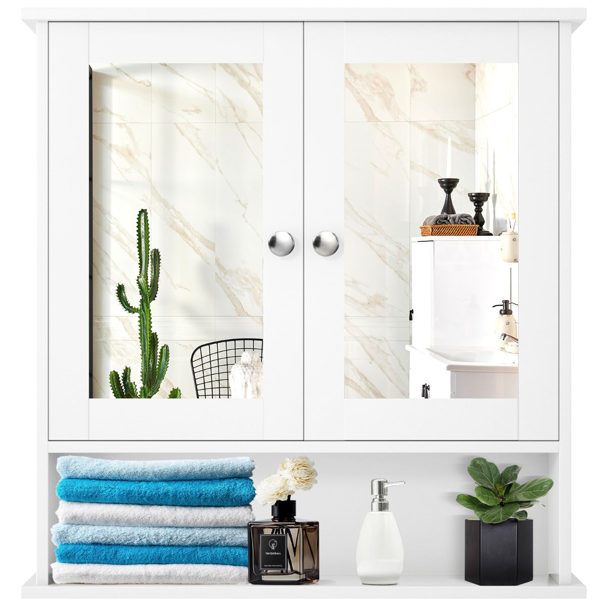 Wooden Hanging Medicine Organizer with Mirror and Adjustable Shelf-White