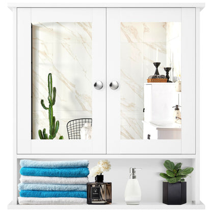 Wooden Hanging Medicine Organizer with Mirror and Adjustable Shelf-White