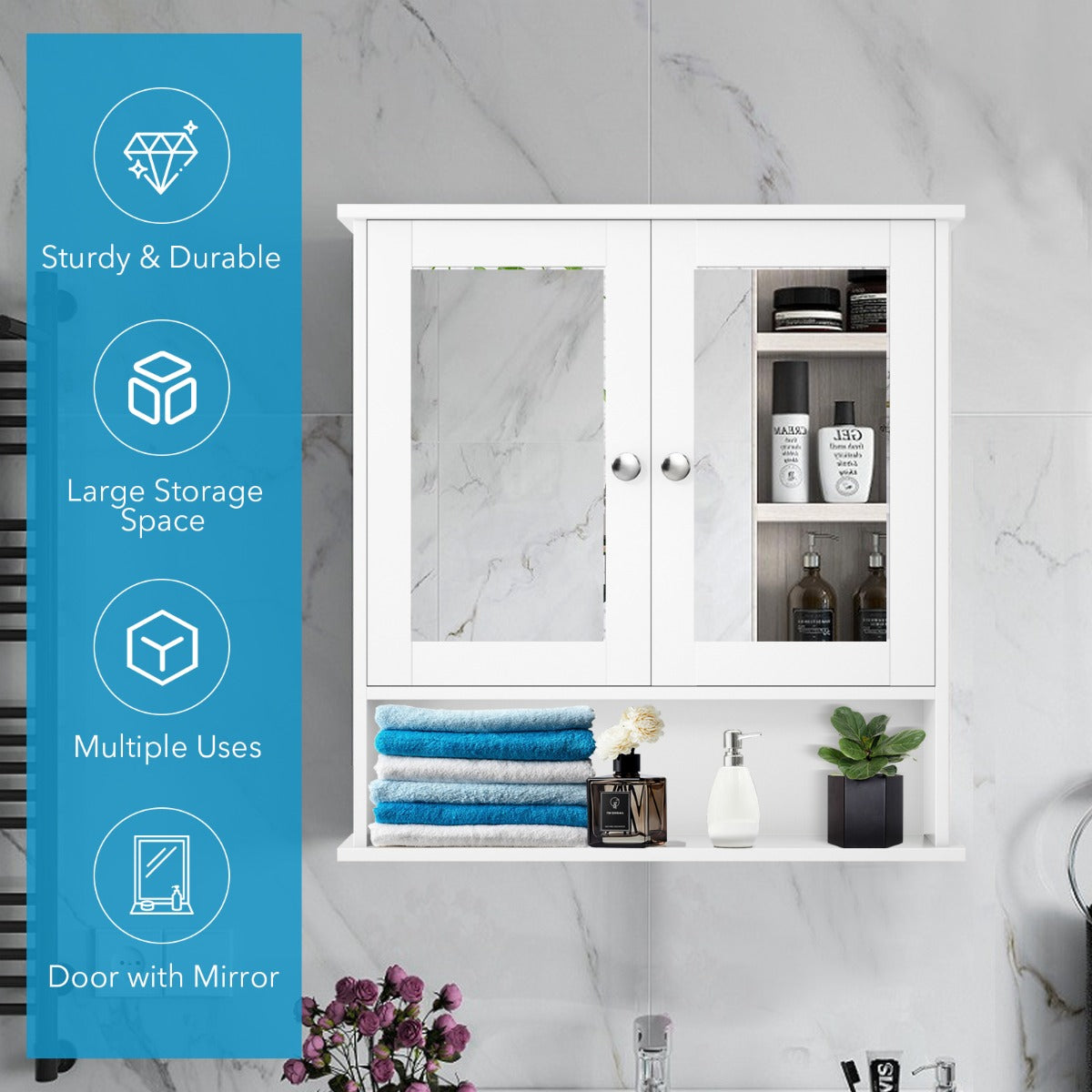Wooden Hanging Medicine Organizer with Mirror and Adjustable Shelf-White