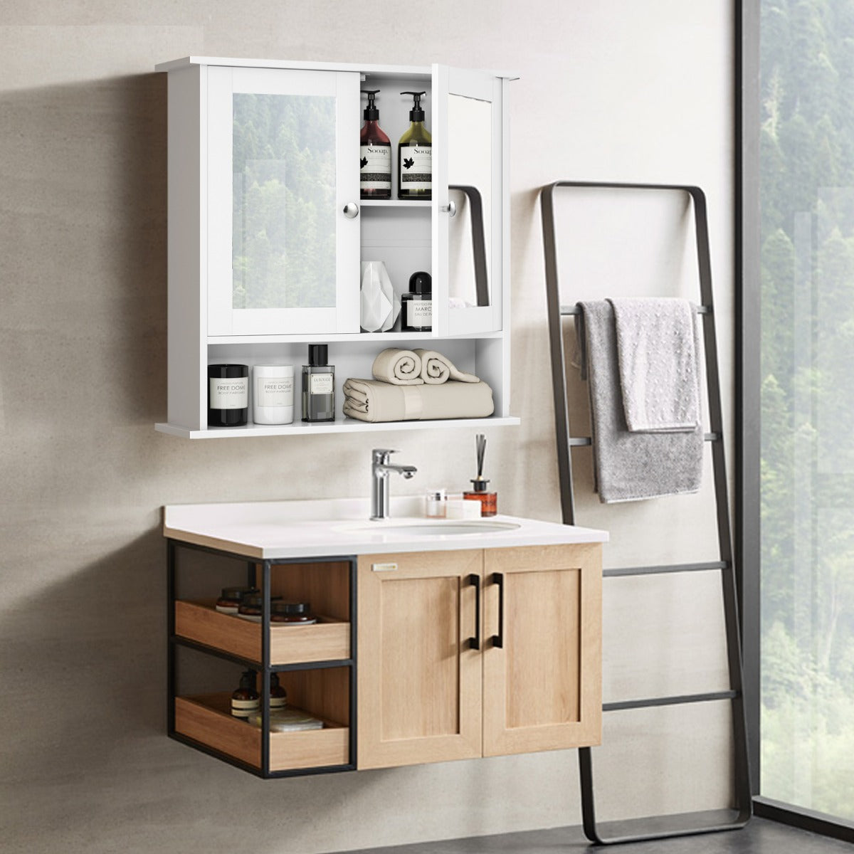 Wooden Hanging Medicine Organizer with Mirror and Adjustable Shelf-White
