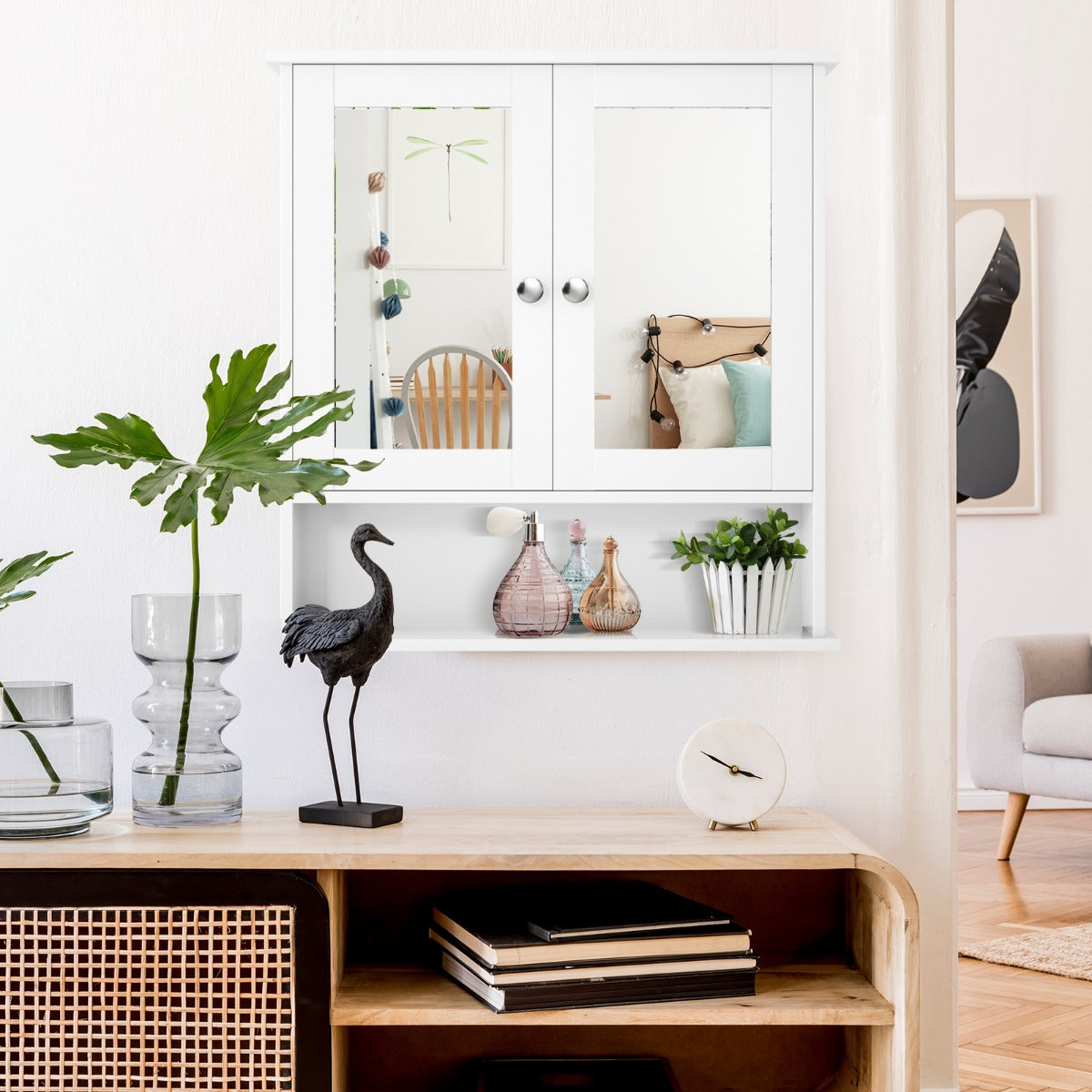 Wooden Hanging Medicine Organizer with Mirror and Adjustable Shelf-White