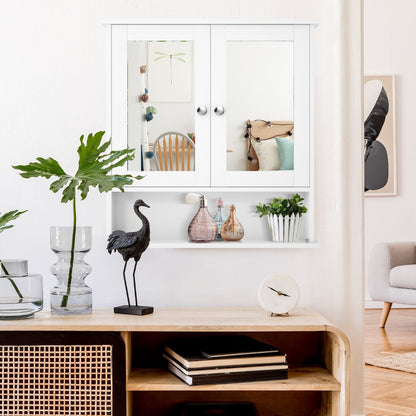 Wooden Hanging Medicine Organizer with Mirror and Adjustable Shelf-White