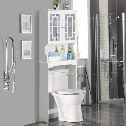 Over The Toilet Storage Cabinet with Double Tempered Glass Doors-White