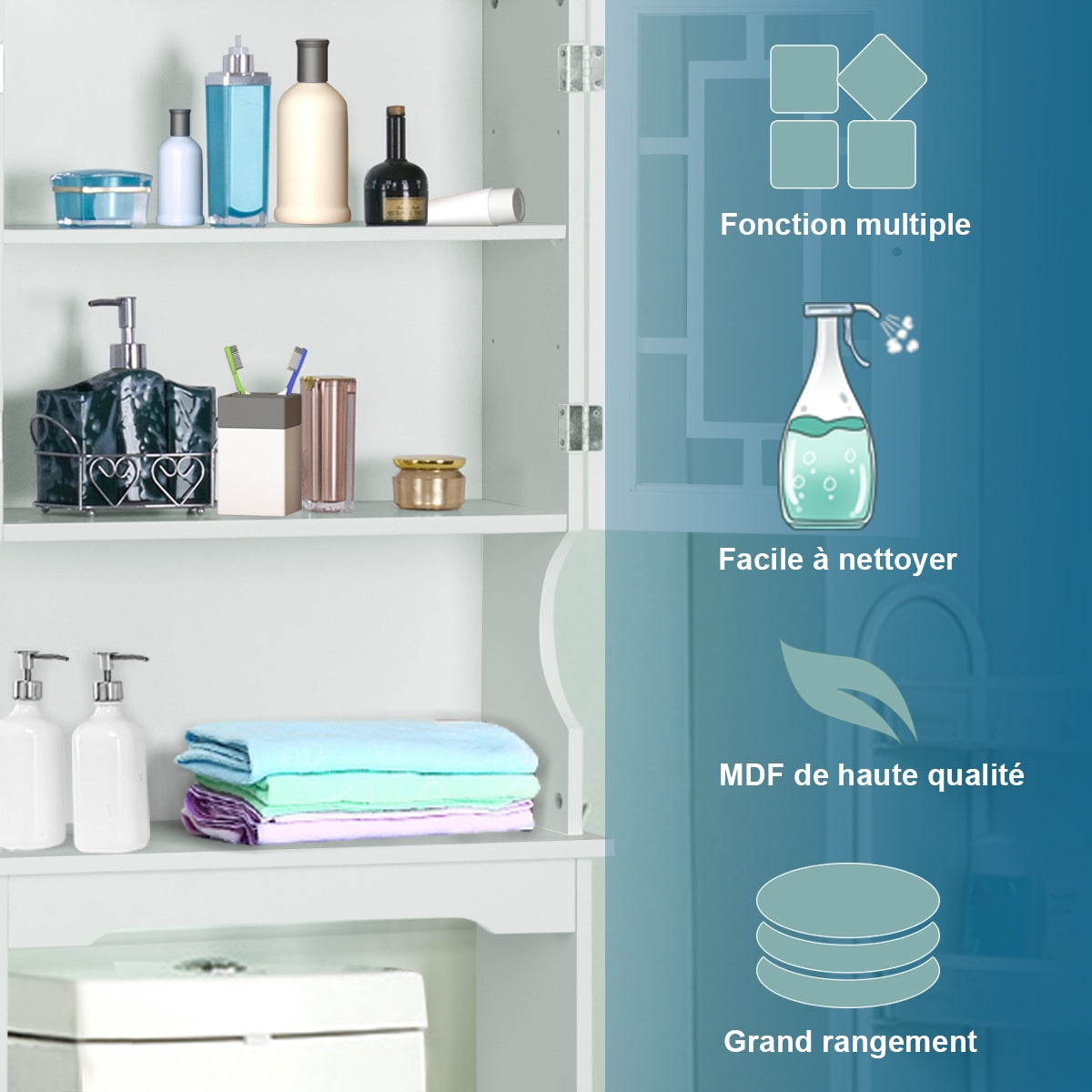 Over The Toilet Storage Cabinet with Double Tempered Glass Doors-White