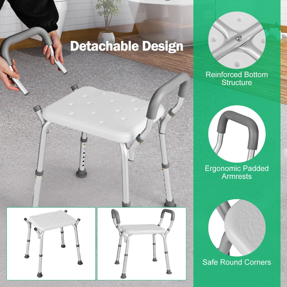 Bath Chair Shower Bench with Detachable Padded Arms