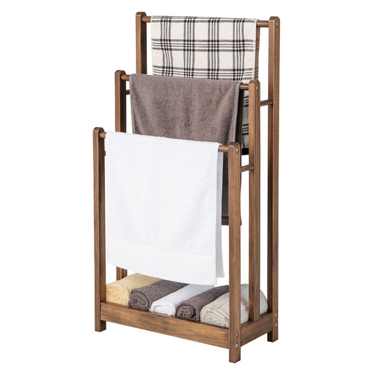 Freestanding Wood Towel Rack with 3 Individual Bars and Bottom Storage Shelf-Rustic Brown