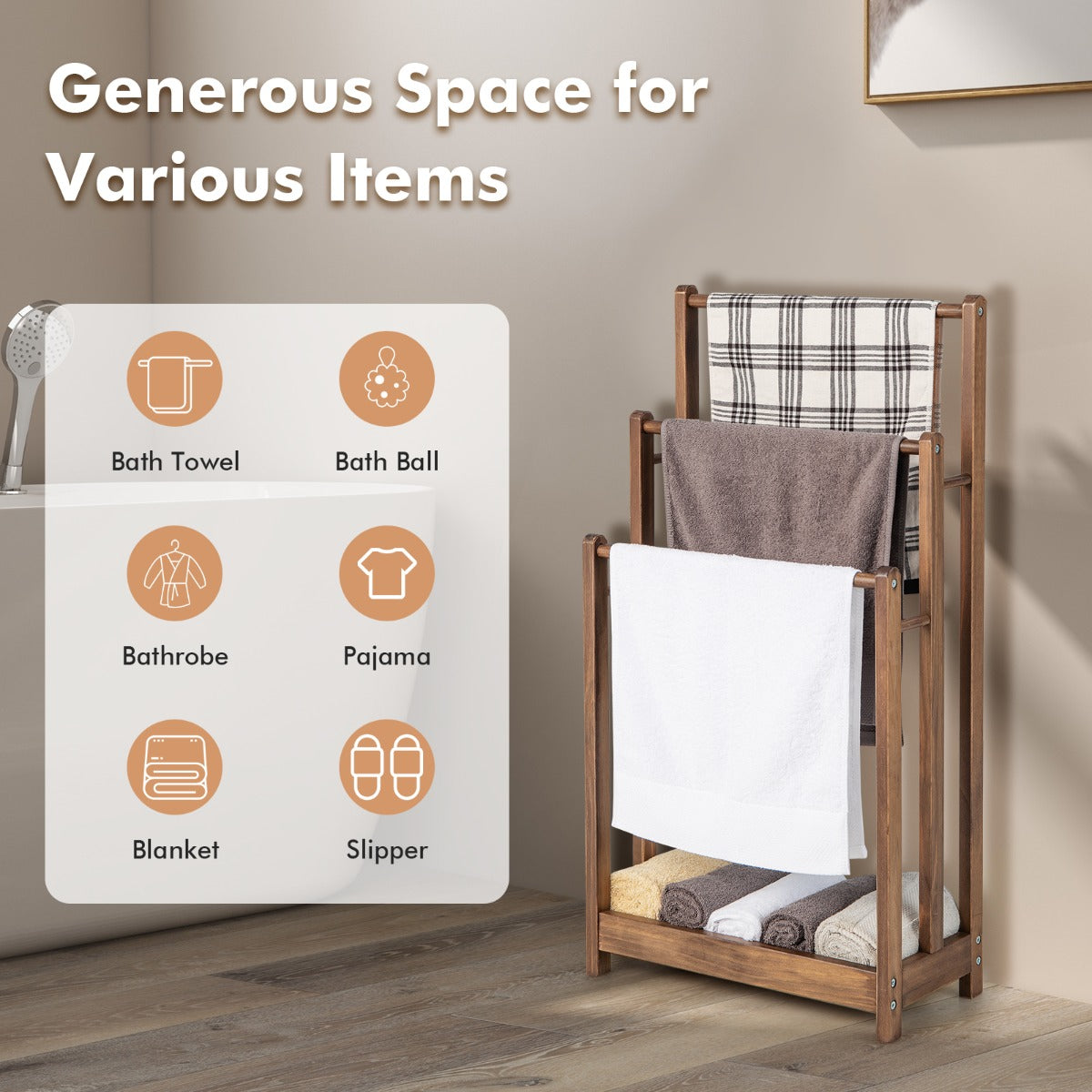 Freestanding Wood Towel Rack with 3 Individual Bars and Bottom Storage Shelf-Rustic Brown