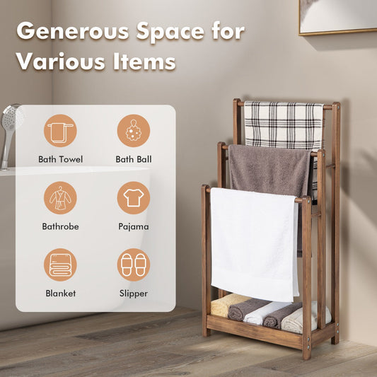 Freestanding Wood Towel Rack with 3 Individual Bars and Bottom Storage Shelf-Rustic Brown