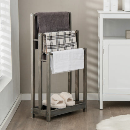 Freestanding Wood Towel Rack with 3 Individual Bars and Bottom Storage Shelf-Grey