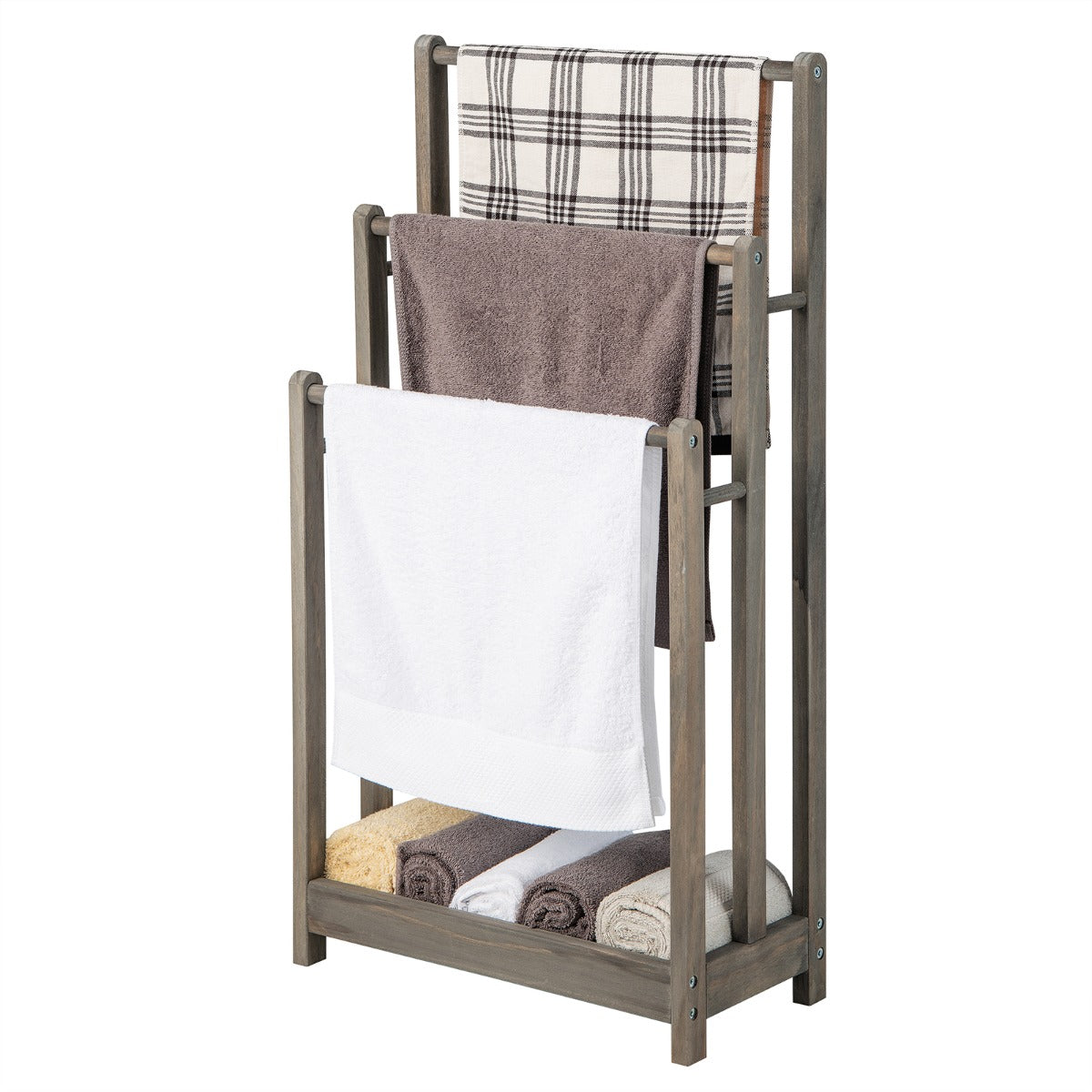 Freestanding Wood Towel Rack with 3 Individual Bars and Bottom Storage Shelf-Grey