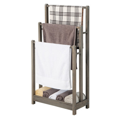 Freestanding Wood Towel Rack with 3 Individual Bars and Bottom Storage Shelf-Grey