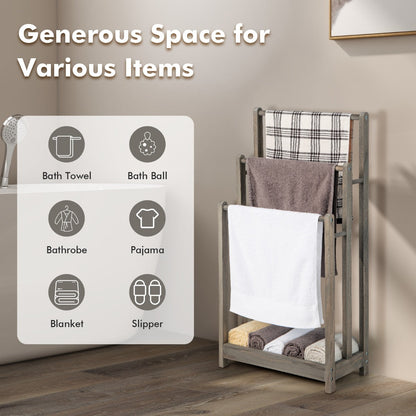 Freestanding Wood Towel Rack with 3 Individual Bars and Bottom Storage Shelf-Grey