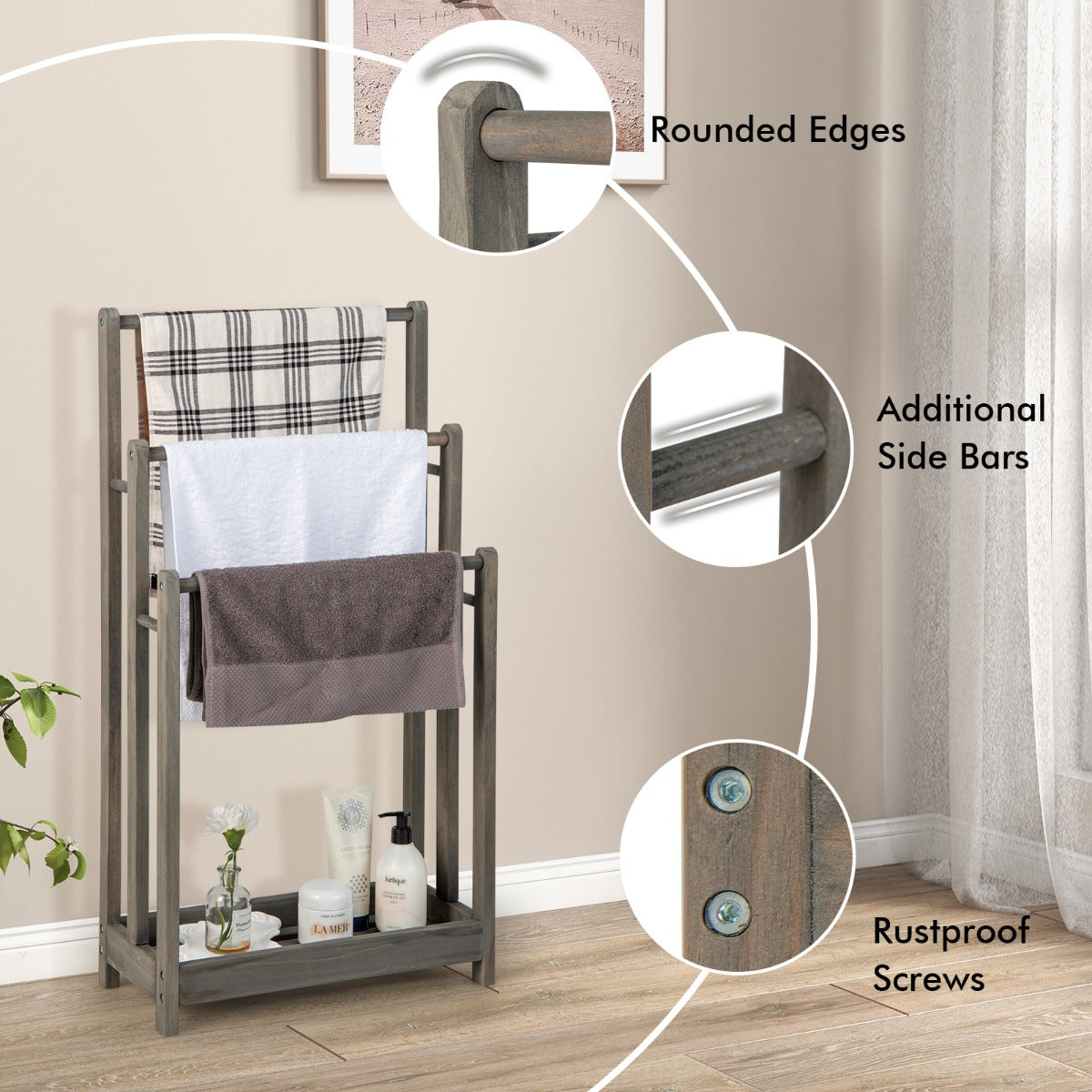 Freestanding Wood Towel Rack with 3 Individual Bars and Bottom Storage Shelf-Grey