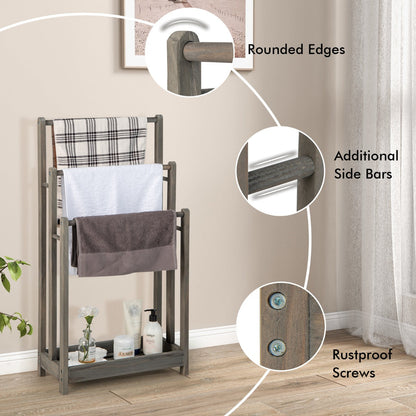 Freestanding Wood Towel Rack with 3 Individual Bars and Bottom Storage Shelf-Grey