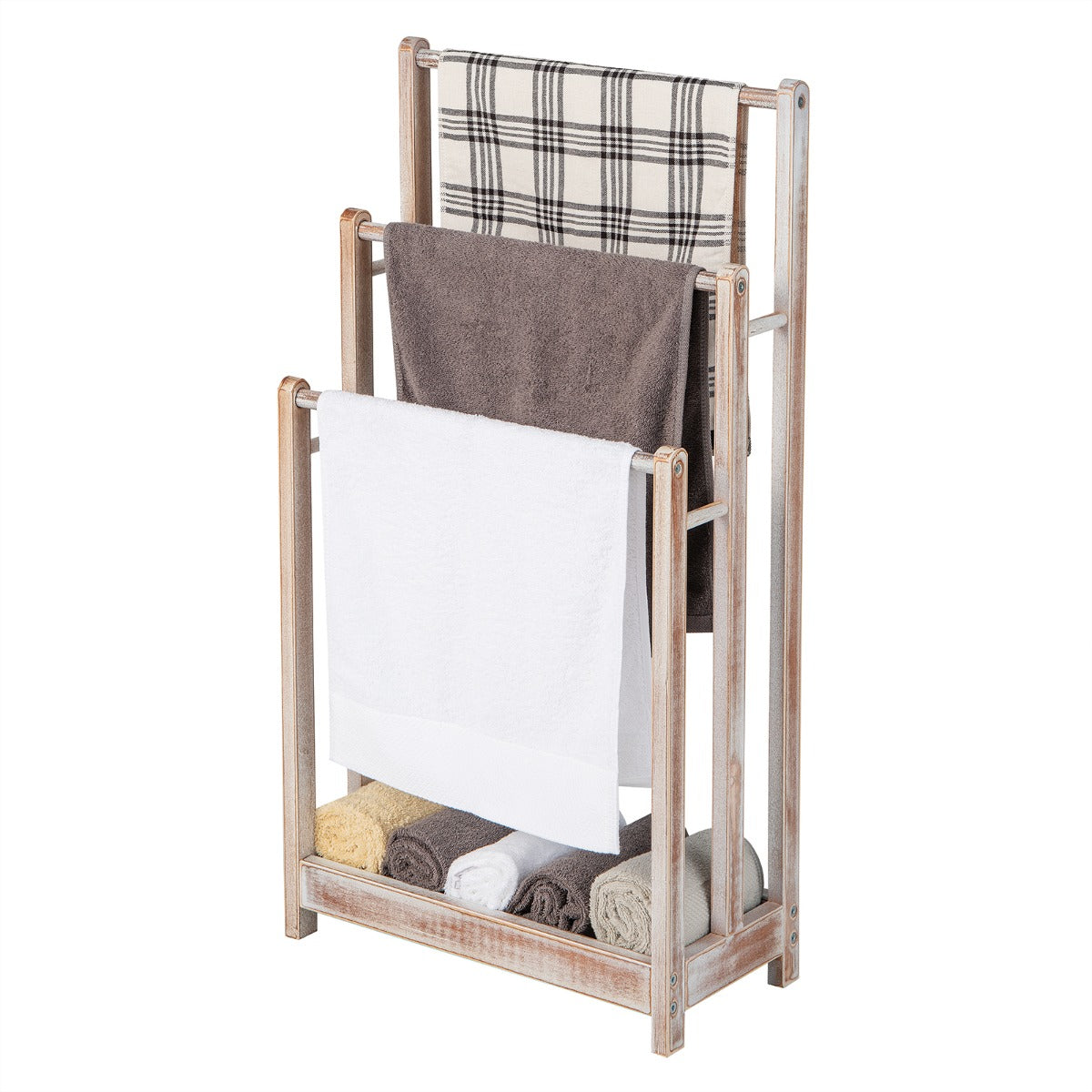 Freestanding Wood Towel Rack with 3 Individual Bars and Bottom Storage Shelf-White
