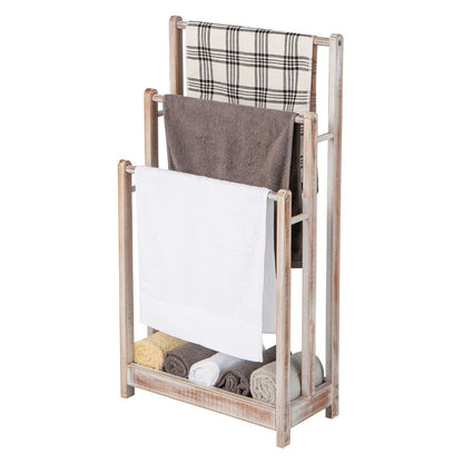 Freestanding Wood Towel Rack with 3 Individual Bars and Bottom Storage Shelf-White