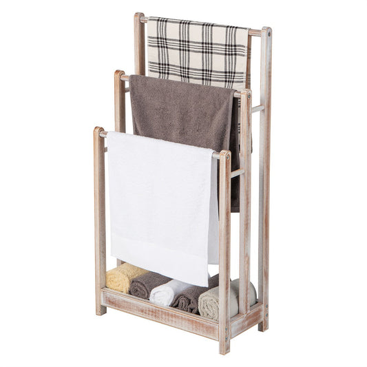 Freestanding Wood Towel Rack with 3 Individual Bars and Bottom Storage Shelf-White