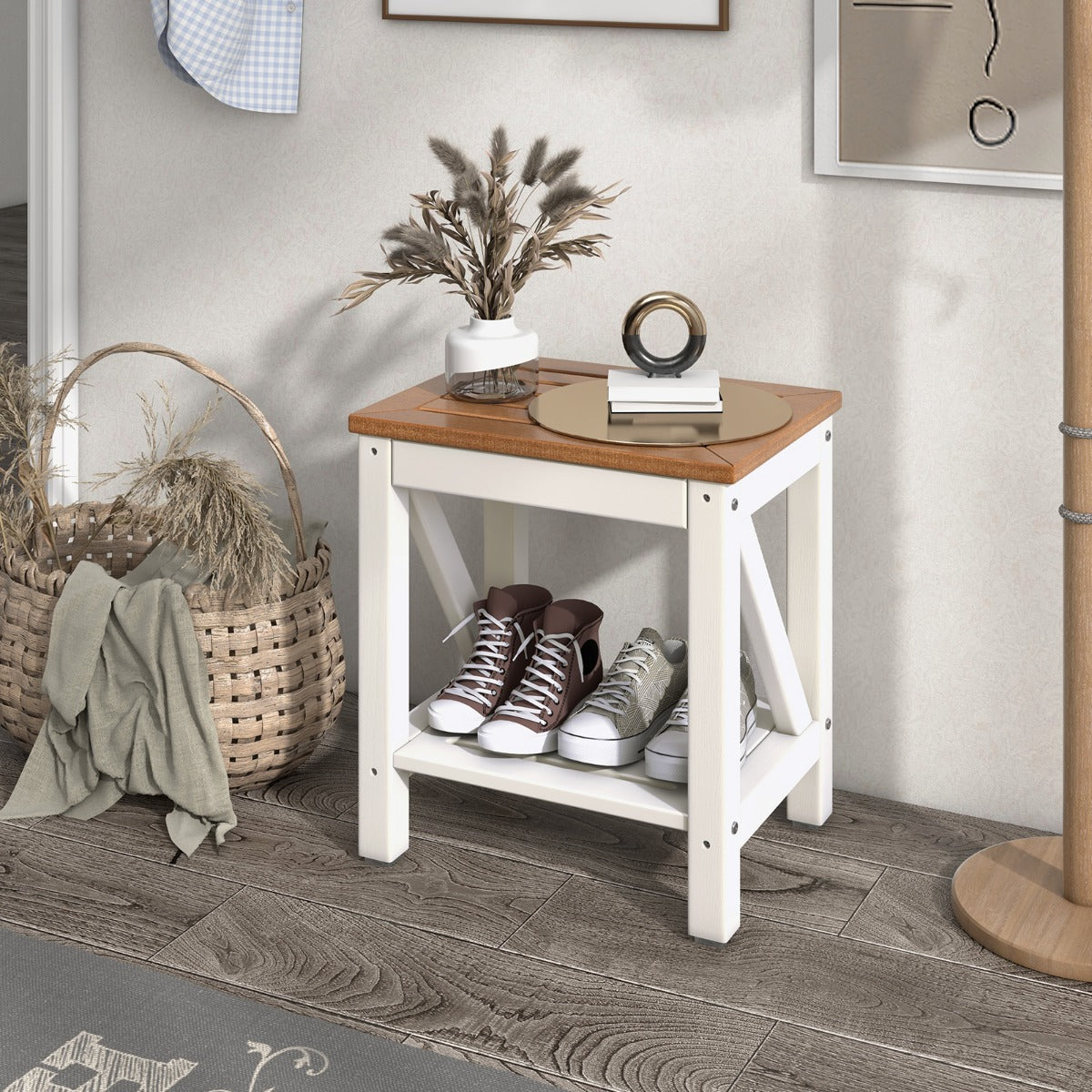 2-tier Waterproof Shower Bench with Storage Shelf-Brown