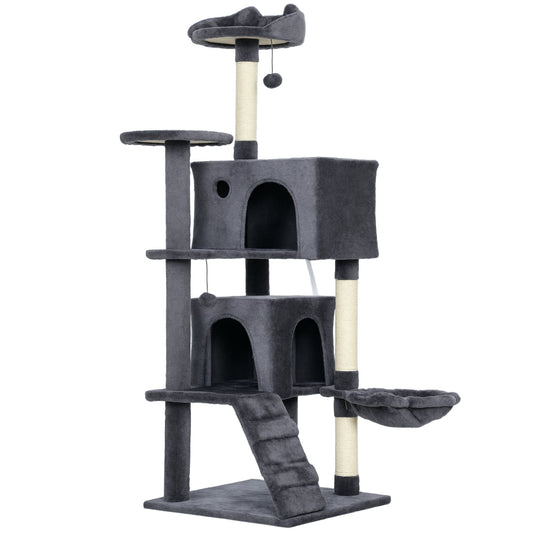 PawHut 140cm Large Cat Tree Tower with Sisal Scratching Posts, Cat Houses, Plush Perches, Hammock, Ladder, Dark Grey