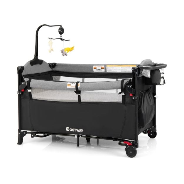 5-in-1 Convertible Baby Bed with Changing Table &amp; Storage Bag Black