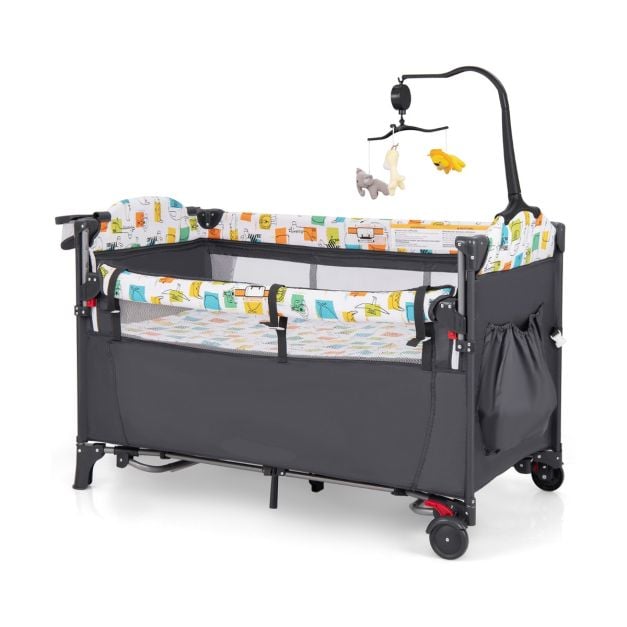 5-in-1 Convertible Baby Bed with Changing Table &amp; Storage Bag Grey