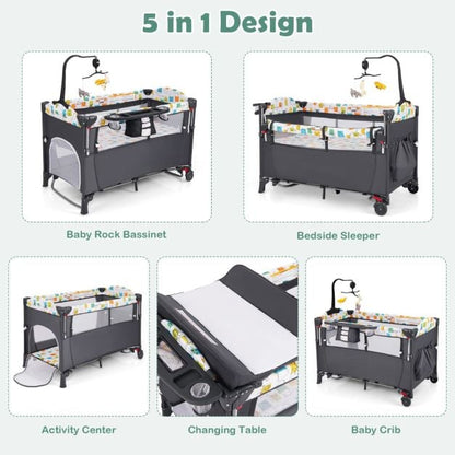 5-in-1 Convertible Baby Bed with Changing Table &amp; Storage Bag Grey