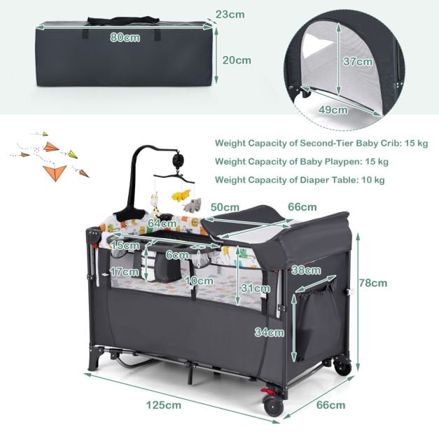 5-in-1 Convertible Baby Bed with Changing Table &amp; Storage Bag Grey