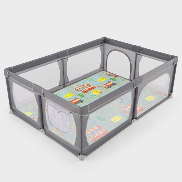 Baby Playpen with Mat and 4 Pull Rings -Dark Grey