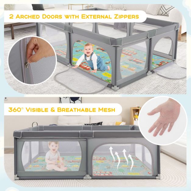 Baby Playpen with Mat and 4 Pull Rings -Dark Grey