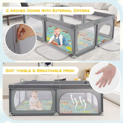 Baby Playpen with Mat and 4 Pull Rings -Dark Grey