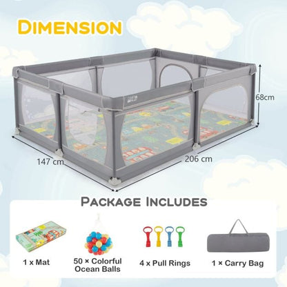 Baby Playpen with Mat and 4 Pull Rings -Dark Grey