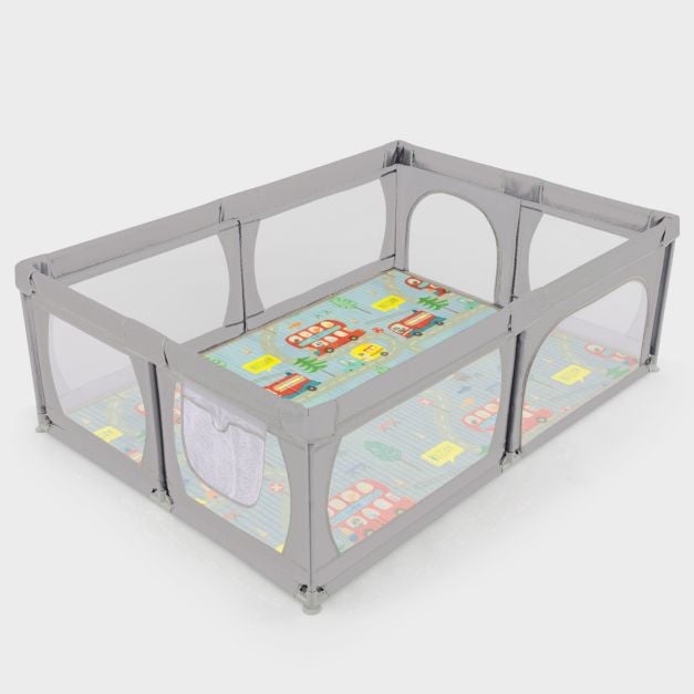 Baby Playpen with Mat and 4 Pull Rings -Light Grey