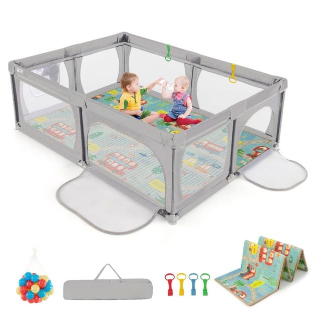 Baby Playpen with Mat and 4 Pull Rings -Light Grey