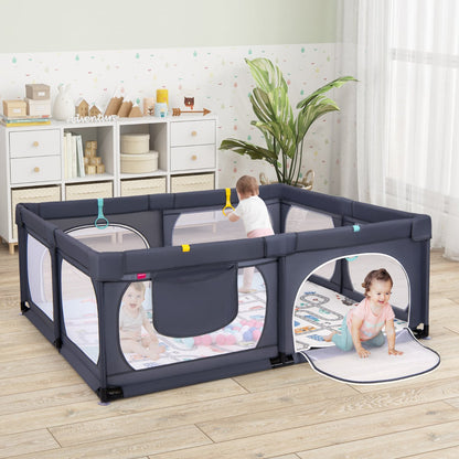 Baby Playpen with Safe Gate and Breathable Mesh-Dark Grey
