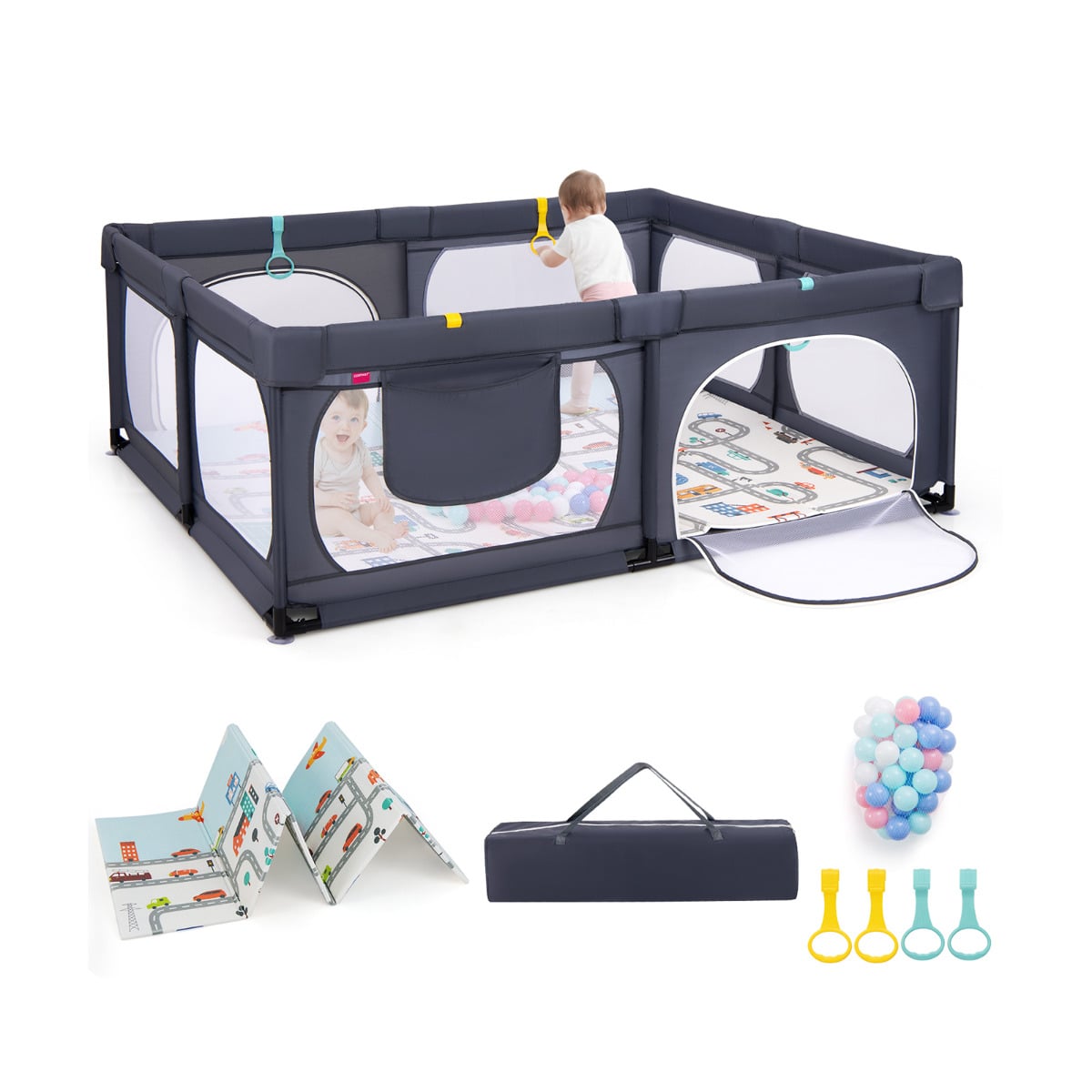 Baby Playpen with Safe Gate and Breathable Mesh-Dark Grey