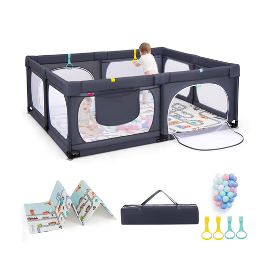 Baby Playpen with Safe Gate and Breathable Mesh-Dark Grey